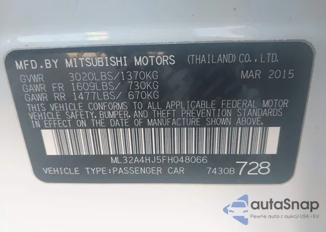 2015 Mitsubishi Mirage Es z USA, uszkodzony, nr VIN ML32A4HJ5FH048066